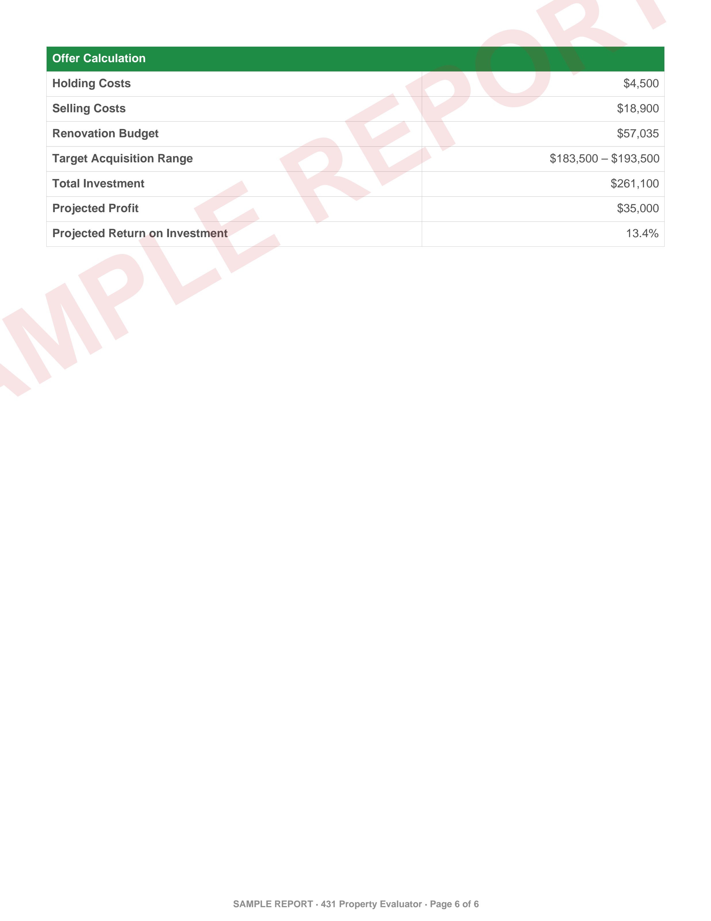 Sample report page 6 — Offer Calculation